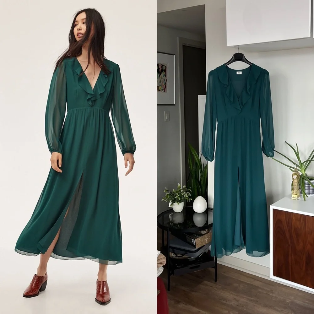 Aritzia Wilfred Mille Midi dark Green new Formal Evening Wedding party Dress Sz0 - Picture 1 of 13